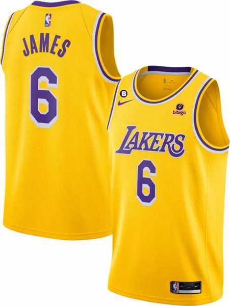 Men%27s Los Angeles Lakers #6 LeBron James Yellow No.6 Patch Stitched Basketball Jersey Dzhi->los angeles lakers->NBA Jersey